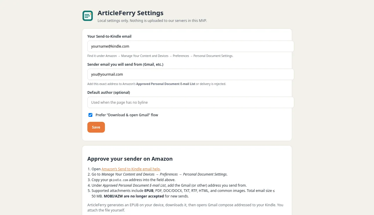 ArticleFerry settings with the Send to Kindle address and steps for approving your sender on Amazon