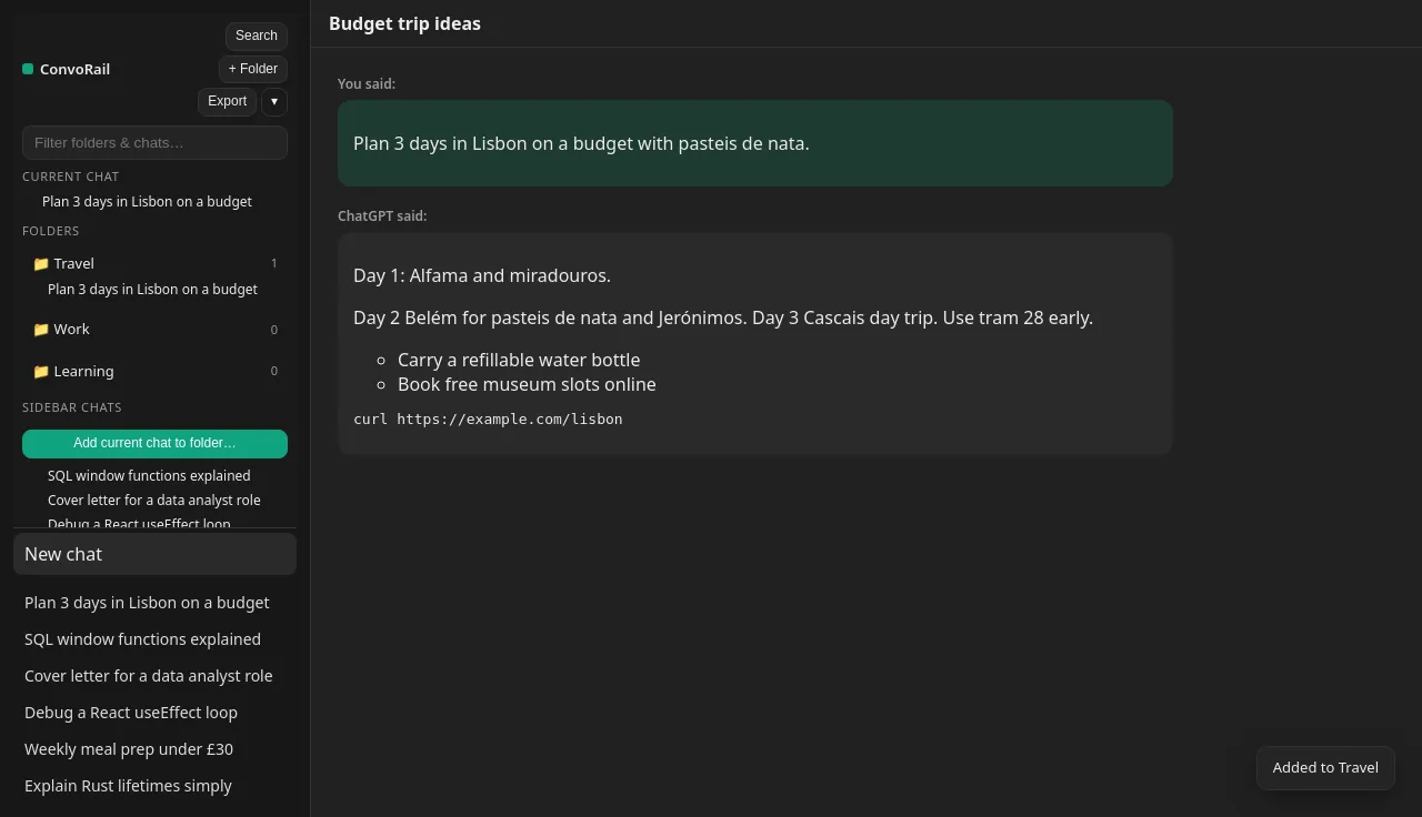 ConvoRail adding folders to the ChatGPT sidebar