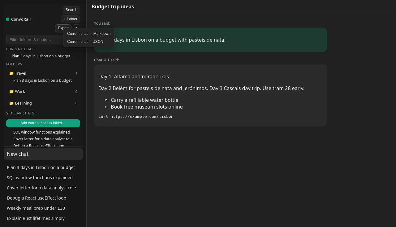 ConvoRail export menu offering Markdown and JSON