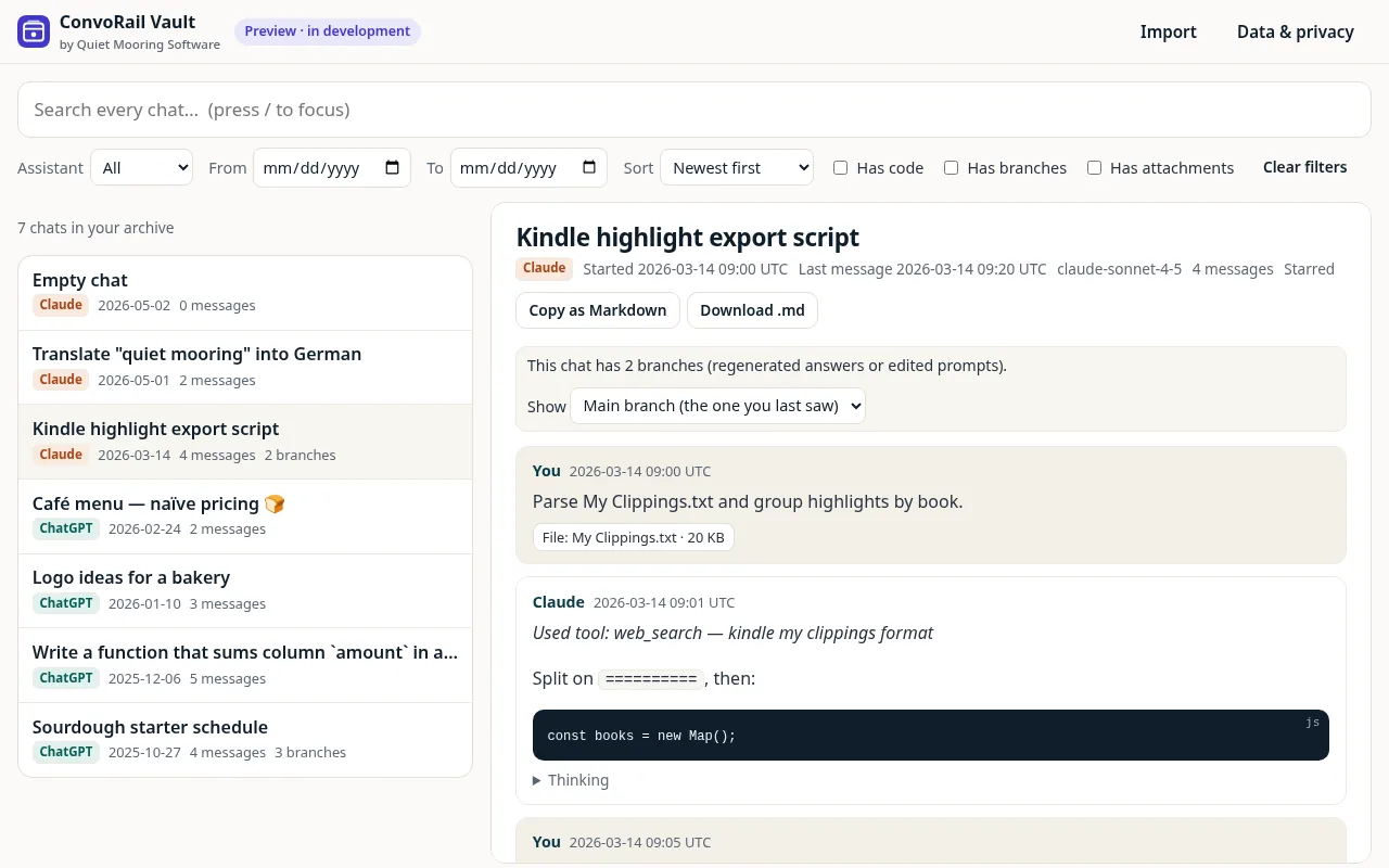 ConvoRail Vault test build: a library of ChatGPT and Claude chats with search, filters and an open conversation